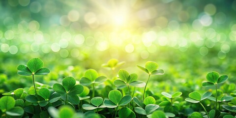 Lush green clovers with a dreamy bokeh background captured in wide-angle lens