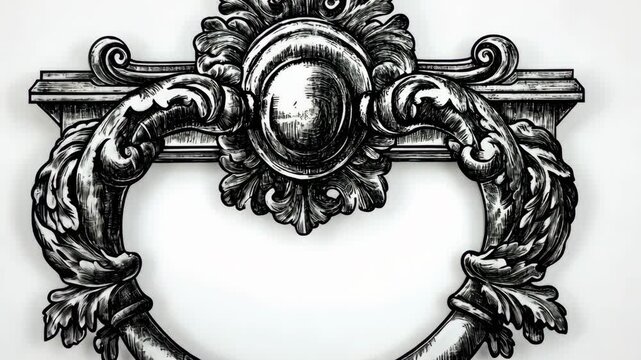 A detailed illustration of a decorative metal frame with ornate scrolls and leaves