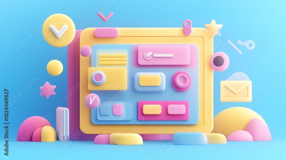 Poster colorful 3d user interface elements created with playful shapes on a blue background showing modern 