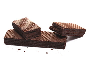 Broken chocolate wafer block, isolated on white background
