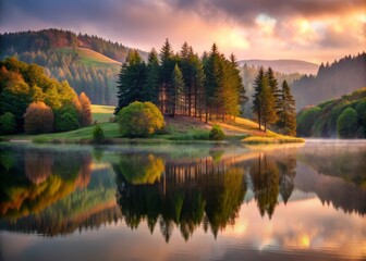 Fototapeta premium As dusk settles, the calm inland lake reflects the serene forest, enveloping the landscape in soft, muted colors, creating a tranquil and peaceful ambience.