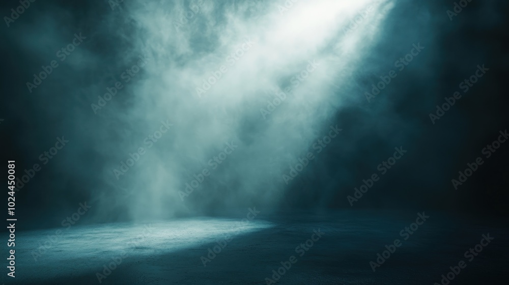 Poster a dimly lit space with fog and light beams creating a mysterious atmosphere.