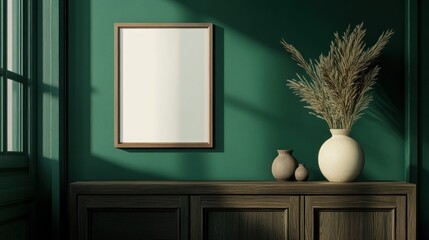 A minimalist interior design with a blank frame, a wooden cabinet