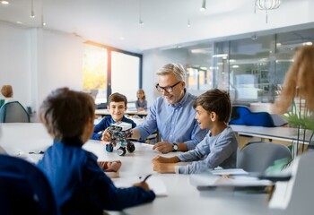 A man in a blue striped shirt interacts with three students over a robot.
