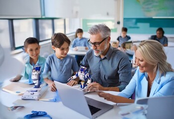 A group of students and a teacher work together on a project in a classroom setting, using a laptop and a robotic arm.