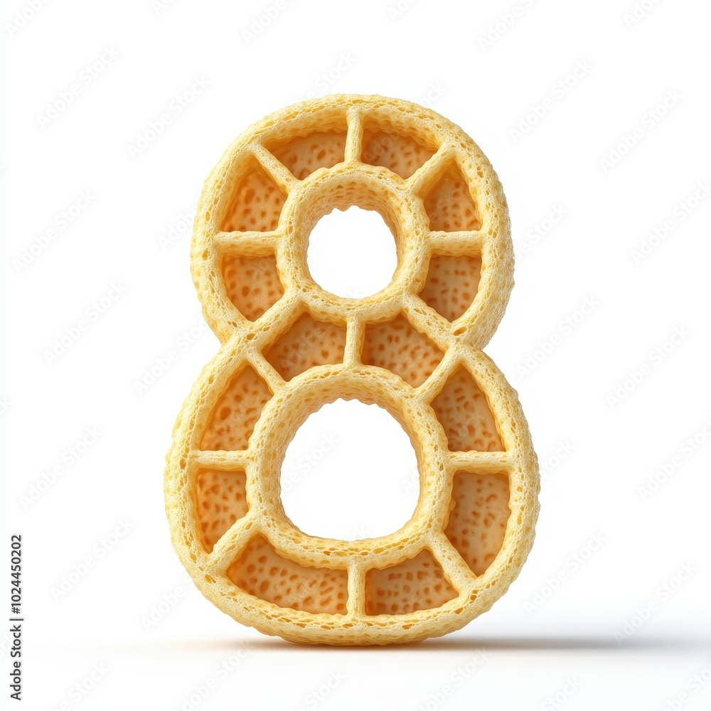 Poster a textured number 8 made of a waffle-like material, emphasizing a playful design.