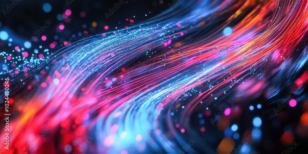 Poster a vibrant abstract visualization of digital data streams, with colorful light trails flowing through