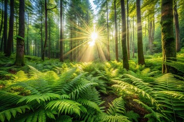 Lush green forest and sunbeams