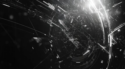 Abstract black and white background with tech light streaks and