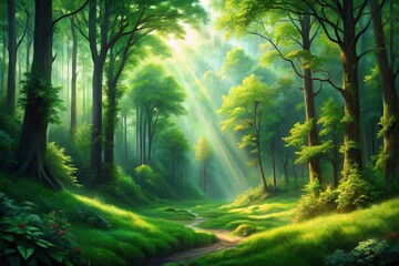 Obraz premium Lush green forest painting with sunlight streaming through trees, serene landscape tilted angle