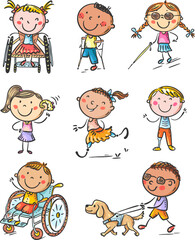 Set of cartoon cute disabled kids with special needs, disability children. Girls and boys with deafness, blindness, amputated limbs