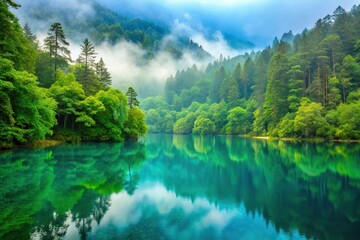 Lush green forest surrounding serene blue lake on misty morning