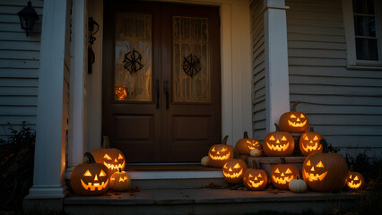 Obraz premium Conceptual image of a front door decorated for Halloween, featuring a wreath made of autumn leaves and a carved pumpkin on the steps. 