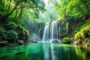 Obraz premium Lush green forested waterfall cascading into a misty pool