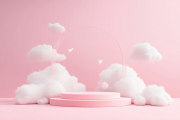 A whimsical pink background featuring soft clouds and a circular arch in a serene, dreamy setting ideal for creative presentations