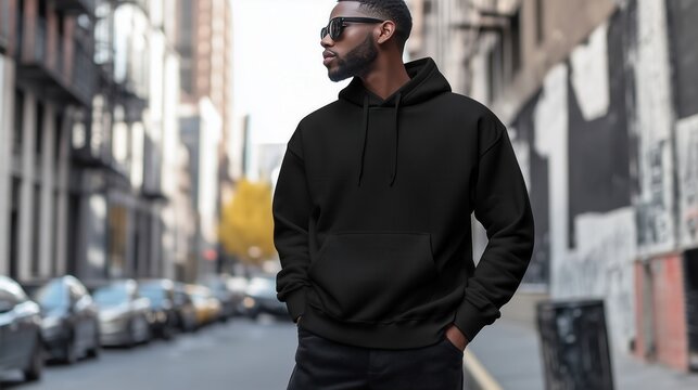 Black man model in sunglasses wearing blank black oversized hoodie mockup. Hooded tshirt template for your designs. Men's long sleeve casual sweatshirt, sports, urban style. City street outdoor mockup