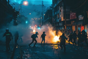 A group of riot police are running through a city street, surrounded by smoke, generative ai image