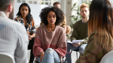 Obraz premium A group of people sitting in a circle talking to each other