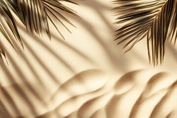 Obraz premium Sand and shadow on the beach from palm leaves. Beige static texture. Template for travel and package design. 