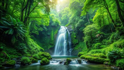 Lush green waterfall in forest with closeup tilted angle