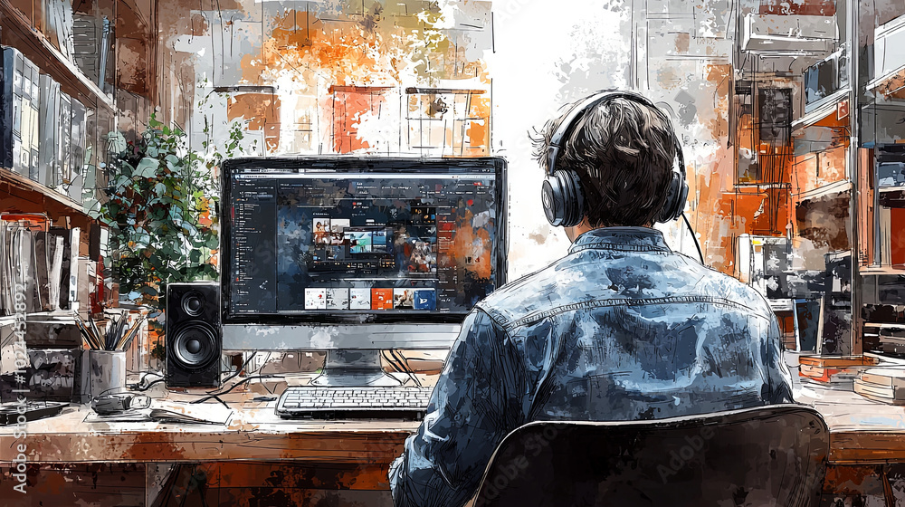 Poster man in home office using desktop computer with headphones