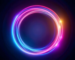abstract glowing circles with neon light trails on black background