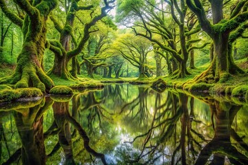 Fototapeta premium Lush mossy forest oil painting with gnarled trees reflected in water