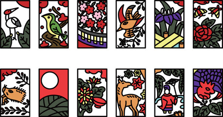 12種類のカラーミニ花札アイコンセット