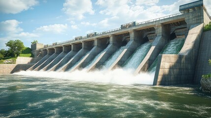 Modern Hydro Dam with Flowing Water and Blue Sky