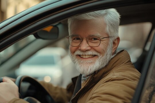 Opening Car Door. Senior Grey-Haired Man Smiling Confidently at Street