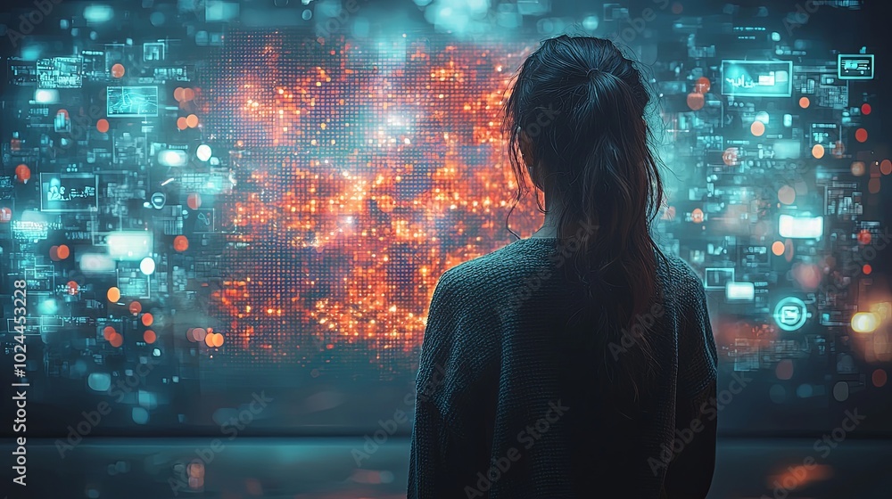 Poster woman immersed in futuristic digital interface with glowing data display