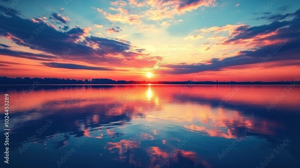 Wall mural a vibrant sunset over a calm lake, the sky ablaze with hues of p