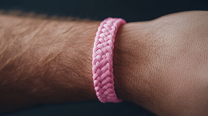 close up of pink braided bracelet worn on wrist, symbolizing breast cancer awareness. This vibrant accessory represents hope and support for those affected by cancer