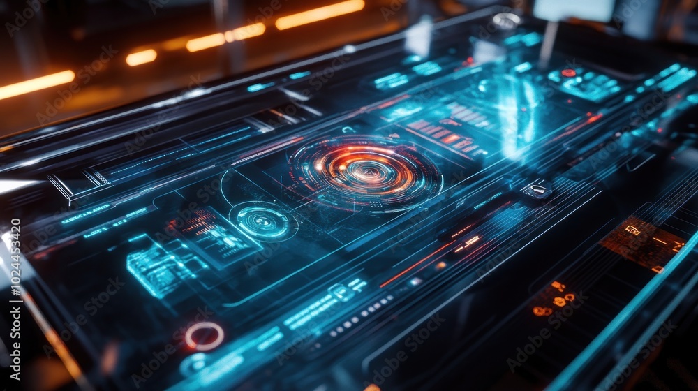 Poster futuristic interface with glowing blue and red circular display