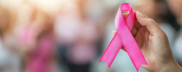 hand holding pink ribbon symbolizes support and awareness for breast cancer. This captures essence of hope and solidarity in fight against cancer