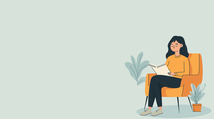 A relaxed woman sits in an orange armchair, reading a book. She enjoys her quiet time, surrounded by potted plants, emphasizing personal well-being, copy space