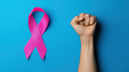 Empowering image of clenched fist next to pink ribbon symbolizing support and awareness for breast cancer. vibrant colors convey strength and hope