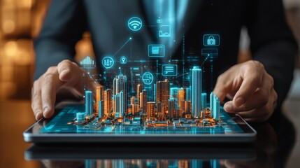 Un modelo de ciudad proyectado sobre una tableta, con íconos de tecnología y conectividad digital iluminados en azul.

