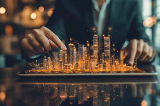 Un hombre en traje interactuando con una ciudad digital en miniatura proyectada desde una tableta, con edificios dorados iluminados.

