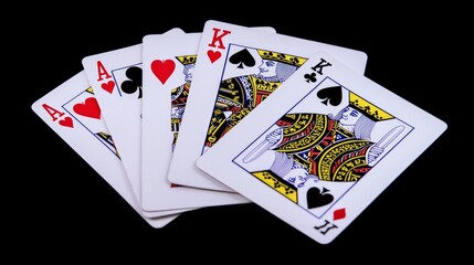 Five playing cards, an ace of hearts, an ace of spades, a king of spades, a king of clubs and a jack of diamonds, against a black background.