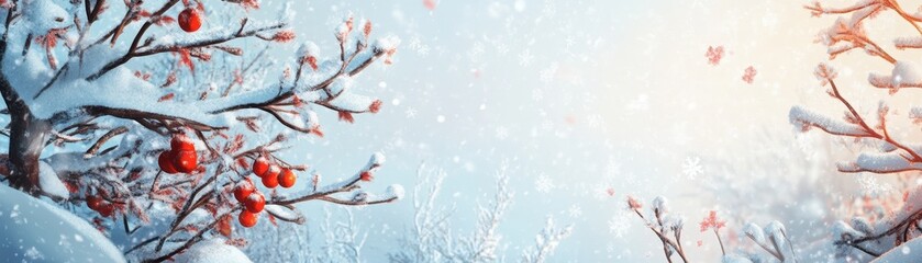 Enchanting Winter Wonderland: Snowy Trees with Vibrant Berries