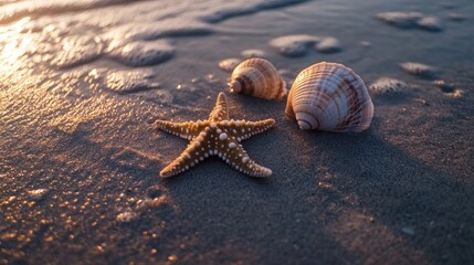 A starfish and two seashells lie on a sandy beach, washed up by