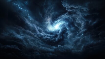 Dramatic swirling storm clouds illuminated by lightning