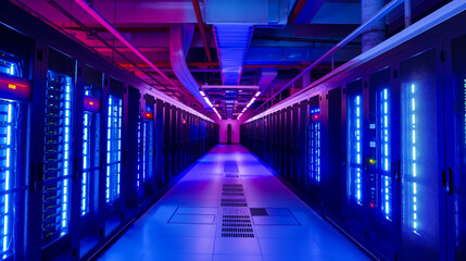 Fototapeta premium A long row of servers in a data center with blue lights