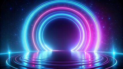 Naklejka premium vibrant neon light rings in abstract motion on black backdrop