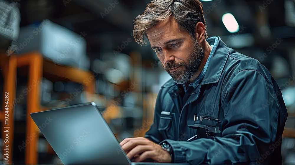 Poster engineer in work uniform using laptop in car factory setting
