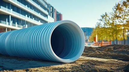Construction Site with Pipe on Ground in Urban Area