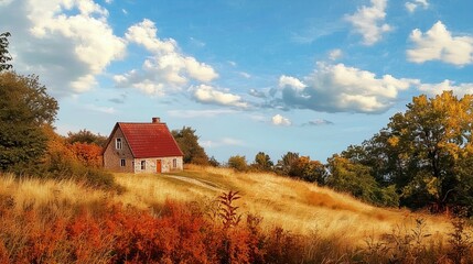 autumn, beautiful cottage, nature, warm colors, sky