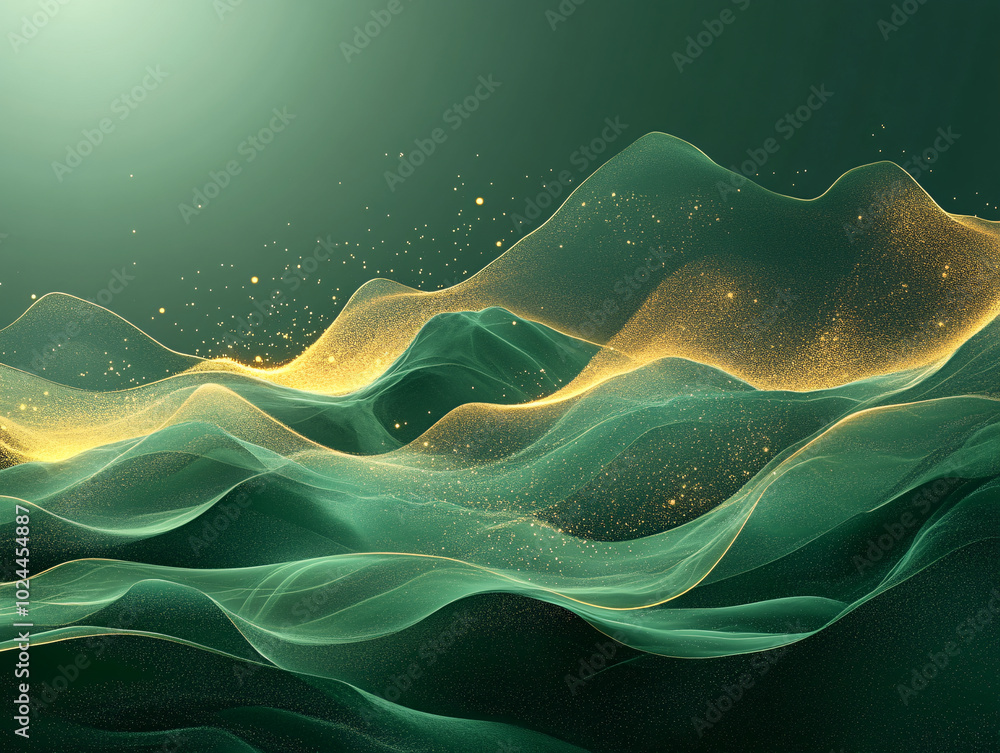 Wall mural digital rendering of a vast, wavy underwater surface, illuminated by a golden light from the horizon