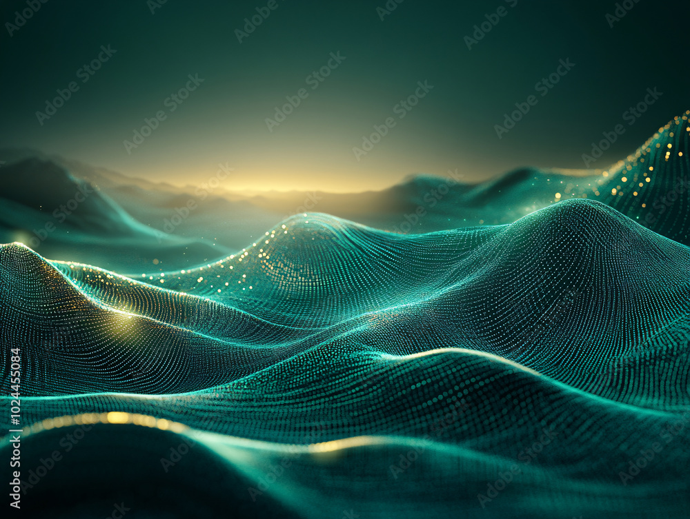 Wall mural digital rendering of a vast, wavy underwater surface, illuminated by a golden light from the horizon